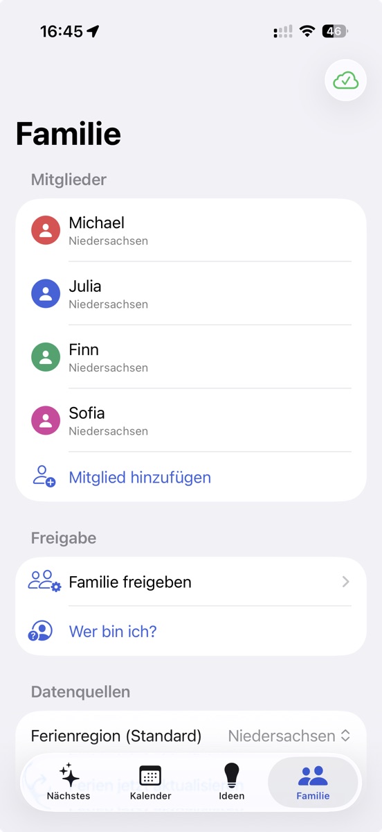 Familienbereich mit vier Mitgliedern, Freigabe und Datenquellen