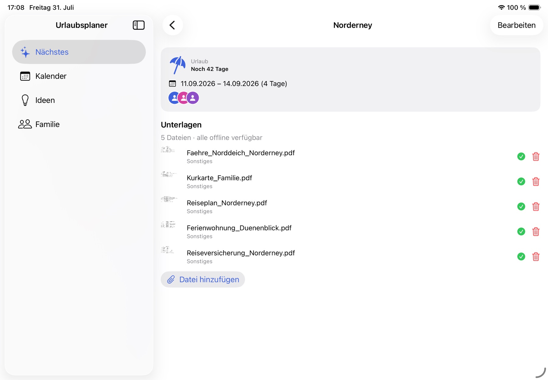 Reisemappe auf dem iPad: fünf Unterlagen zum Norderney-Urlaub, alle offline verfügbar