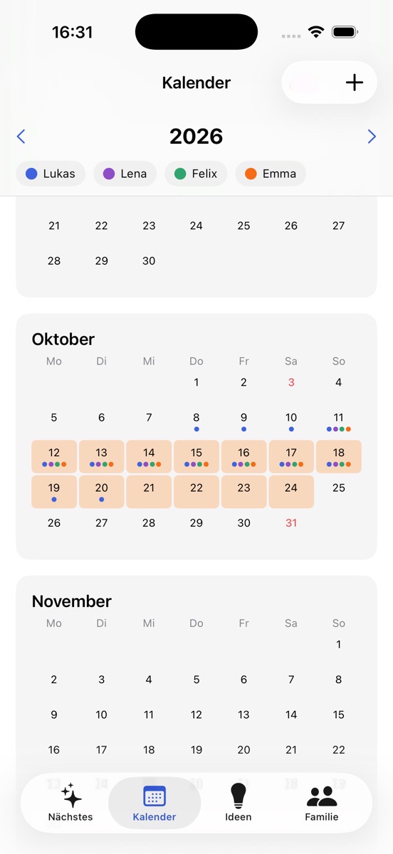 Jahreskalender 2026 mit hinterlegten Herbstferien im Oktober
