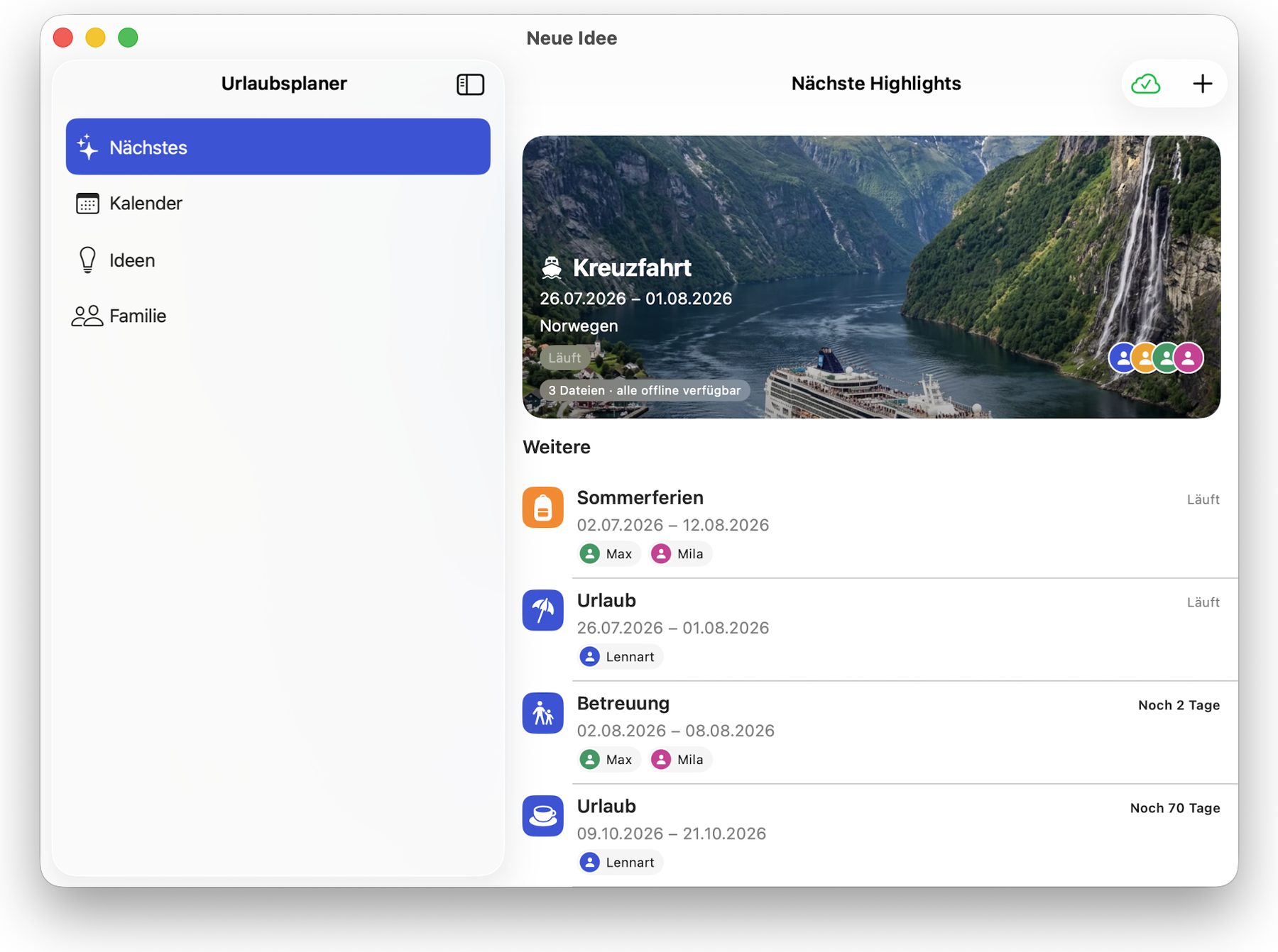 Urlaubsplaner als Mac-Fenster: Seitenleiste links, große Karte einer Kreuzfahrt nach Norwegen mit Countdown