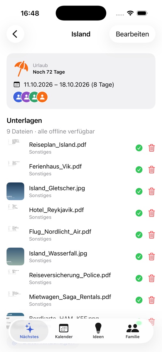 Unterlagen zum Island-Urlaub, alle mit grünem Offline-Häkchen